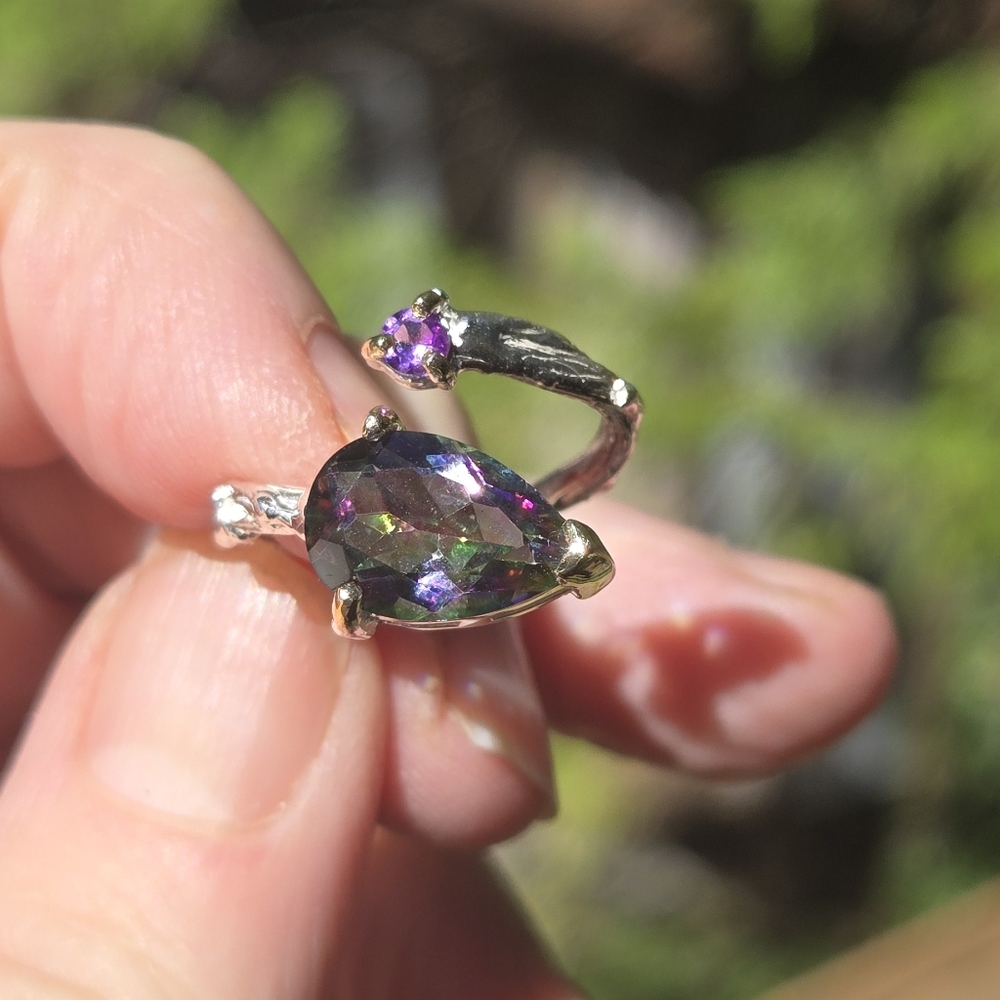 Sultans Mystic Stone & Amethyst Teardrop Sterling & Gold Ring Sz7 - Picture 10 of 10